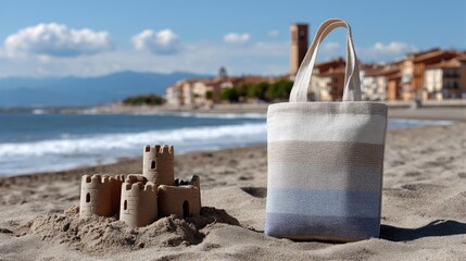 Burgundy, white, and blue canvas bag rests next to detailed sand castle along a scenic beach in Spain on a bright day