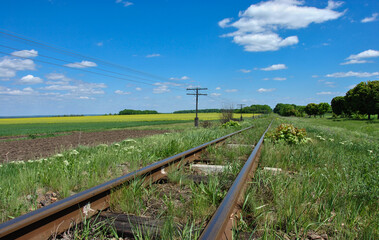 old narrow gauge railway and power line in rural fields