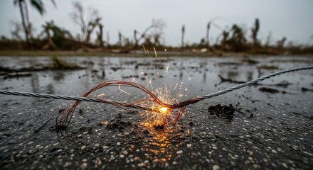 Electric sparks from damaged wires on flooded street after storm  