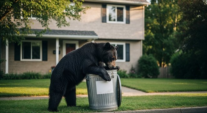 Bear rummaging through garbage can in suburban neighborhood