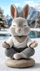 Cute fluffy rabbit sits peacefully on a stone, meditating amid falling snow in a stunning arctic setting featuring mountains and ocean