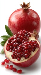 Half of a pomegranate reveals bright red seeds and green leaves on a clean white background, highlighting its juicy texture and color