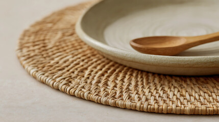 Circular Woven Bamboo Placemat with Ceramic Bowl and Wooden Spoon in Natural Earthy Tones