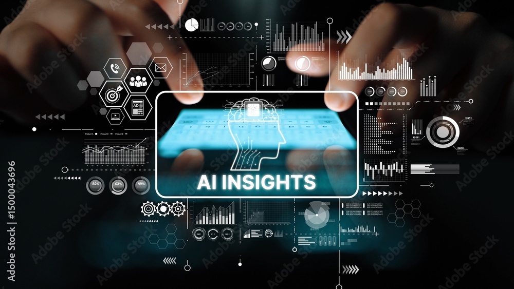Poster conceptual representation of ai insights with data visualization and digital interface in a modern w