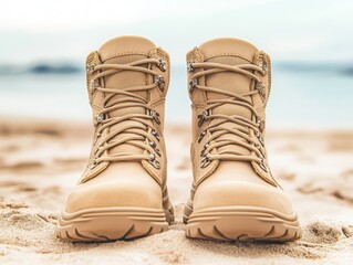 Naklejka premium Tan footwear laid out on a beach backdrop. 