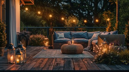 Luxurious outdoor lounge area. Terrace with pergola, rattan furniture and decorative lighting.