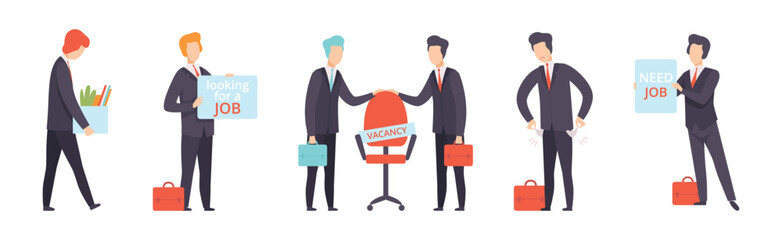 Man Character Searching for Job and Office Work Vector Set