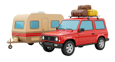 Isolated Red SUV with caravan