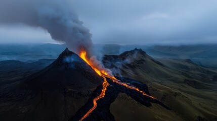A volcano erupts with lava spewing out of it