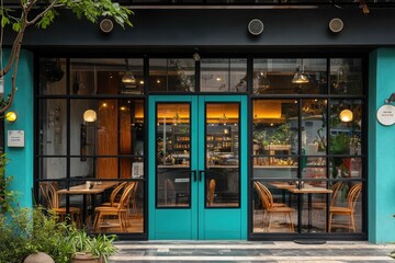 Teal storefront cafe with large windows