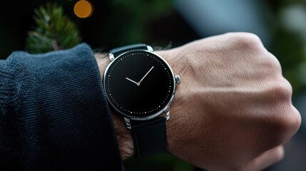 A man is wearing a watch with a black face and a black band