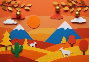 Autumnal paper landscape with mountains and festive ornaments