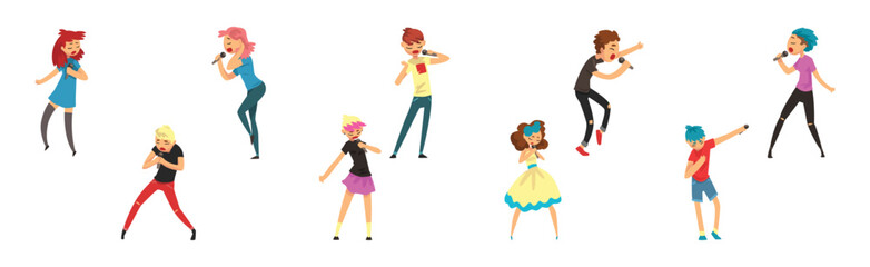 Man and Woman Singers with Microphones Performing on Stage Vector Set