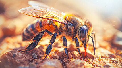 Close-up view of a honey bee collecting nectar on a sunlit surface with natural textures
