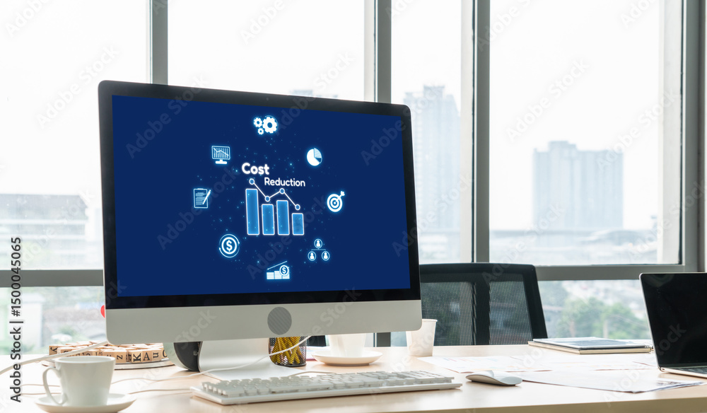 Poster cost reduction, cost saving concept shown on computer screen brisk, corporate business efficiently s