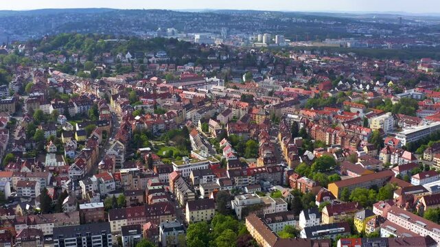 Aerial panoramic view around the city Stuttgart ost stadt  in Germany on a cloudy spring day