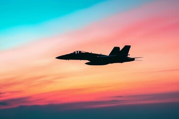 A fighter jet soaring through vibrant sunset colors from an aerial perspective.