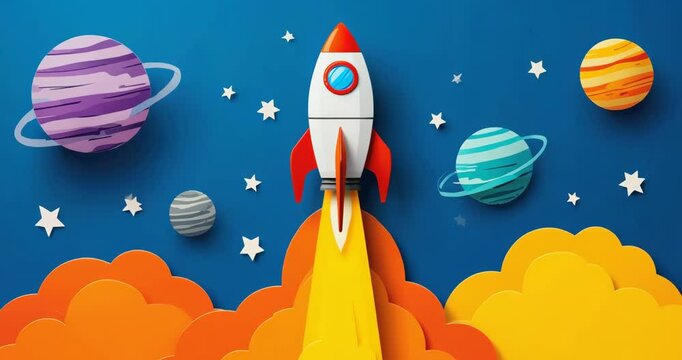 Creative cartoon-style rocket launching in colorful space scene with planets, paper cutout design for kids education