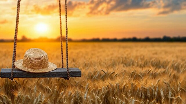 Sunset Serenity: A Rustic Swing in a Golden Wheat Field