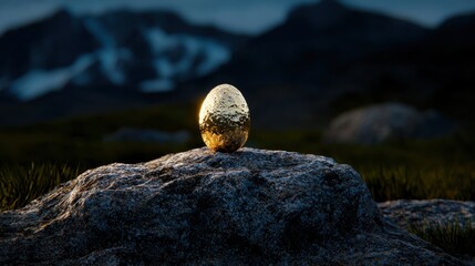 A golden egg is sitting on a rock in a field