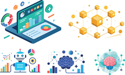 A cohesive vector illustration series portraying the synergy between artificial intelligence, data science, and digital innovation. The visuals feature elements such as interactive dashboards, blockch