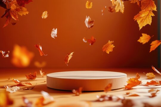 Autumnal display podium with falling leaves (2)