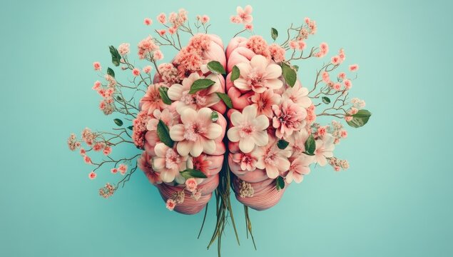 Two pink human brains entwined, adorned with a bouquet of pastel pink flowers