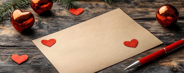 Festive letter, wood, hearts, pen