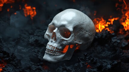 A skull is sitting on a pile of black lava