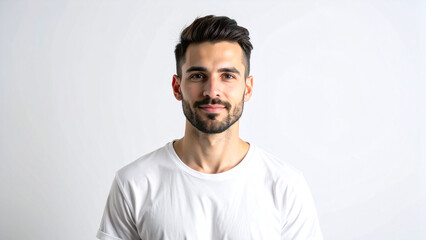 Professional Minimalist Headshot of Young Man in White T-Shirt on Light Background