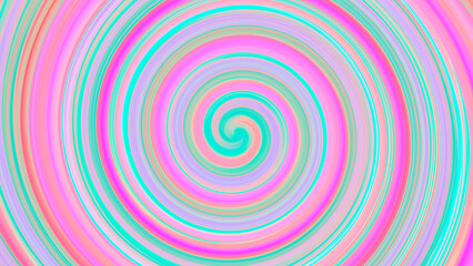 Bright pink, turquoise green, orange, lilac, aqua, aquamarine, purple swirling spiral shape. Abstract background with fluorescent colors gradient wave. Psychedelic fractal pattern. Groovy summer vibes
