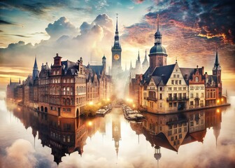 Obraz premium Double Exposure: Gabled European Cityscape, Historic Brick Architecture, Ornate Details, Fantasy Photo