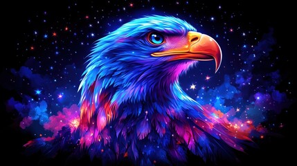 Vivid digital illustration of a majestic eagle with colorful feathers against a starry night sky. Symbol of freedom and strength, perfect for USA Independence Day and desktop wallpapers.