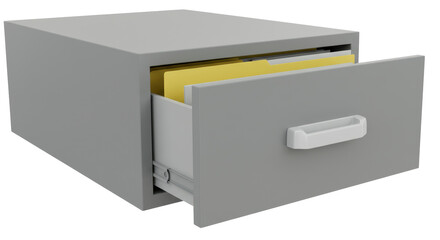 Isolated Gray Filing Cabinet with Open Drawer