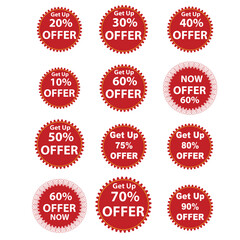 A set of red sale discount labels and promotion stickers with new offer price tags and star badges