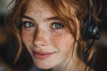 Freelancer Woman Headphones Closeup.