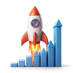 3d rendering of a rocket launching upwards beside an ascending bar graph representing business growth isolated on white background