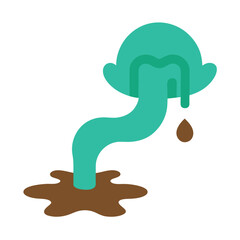 Leaking pipe dripping liquid with puddle flat icon isolated on white