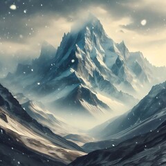 a huge snow-capped mountain, captured in the midst of a heavy snowfall. The landscape is dominated by steep, rugged peaks, where dark rocks.