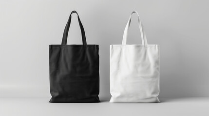 Blank black and white tote bags mockup on a gray studio background