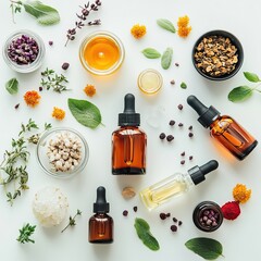 Flat lay of essential oil bottles, dried herbs, flowers and natural wellness ingredients on white background