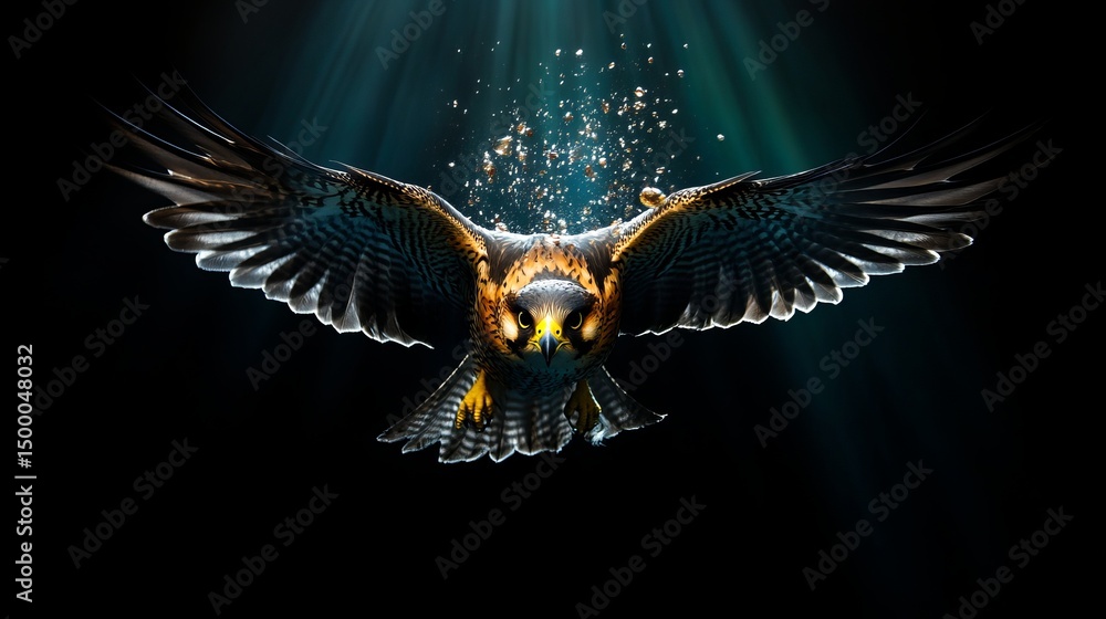 Poster peregrine falcon soars directly at the viewer with wings fully extended against dark background with