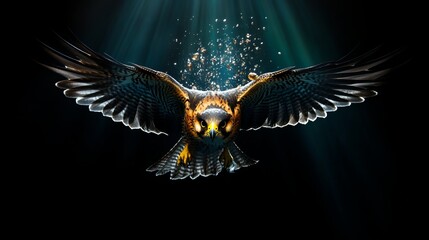 Peregrine falcon soars directly at the viewer with wings fully extended against dark background with bright, diffused lighting.