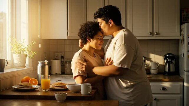 Plus-size nonbinary person kissing the forehead of their partner in a sunny kitchen