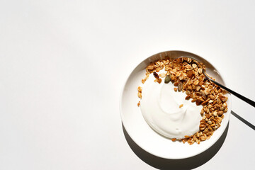 Natural Greek Yogurt Served with Homemade Granola. Healthy Morning Nutrition.  