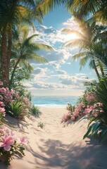 Fototapeta premium Tropical Beach Pathway Leading to Clear Blue Waters and Vibrant Flowers Under a Sunny Sky