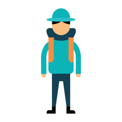 Abstract tourist character wearing hat and backpack ready for vacation holiday adventure