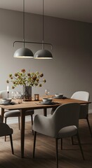Contemporary dining room with wooden table, chairs, and elegant lighting