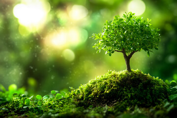 Small green tree in the sun with blurred soft focus background