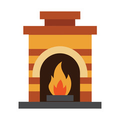 Cozy fireplace illustration with burning flames and brick design in brown and orange tones